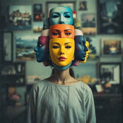 The primary subject of the image is a woman wearing a mask on her head. She is standing in front of a wall with several pictures hanging on it. The setting appears to be a room with a chair and a potted plant nearby. The visual style of the image is a black and white photo, giving it a classic and timeless appearance. The dominant colors are black and white, and the overall atmosphere is mysterious and intriguing.